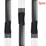 3 Paquete Black Carbon Levantamiento de burlas Combs con PLONT DE METAL, PEBRES DE ATRÁS DE TEASING DE SALÓN, Peine de carbono negro con elevador de acero inoxidable (estilo A)